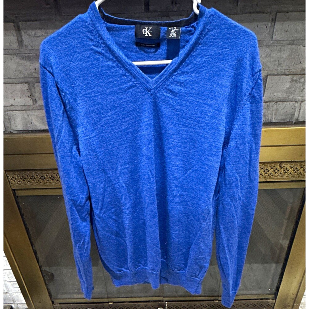 Calvin Klein Men's Blue Knit Wool V-Neck Pullover Sweater Solid Size L